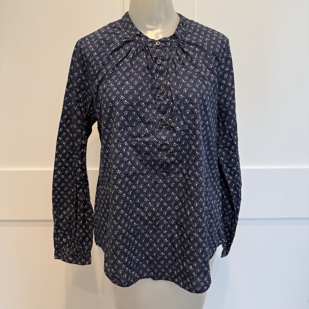 J. Crew Blue 100% Cotton Ditsy Floral Long Sleeve Popover Blouse Size Small‎